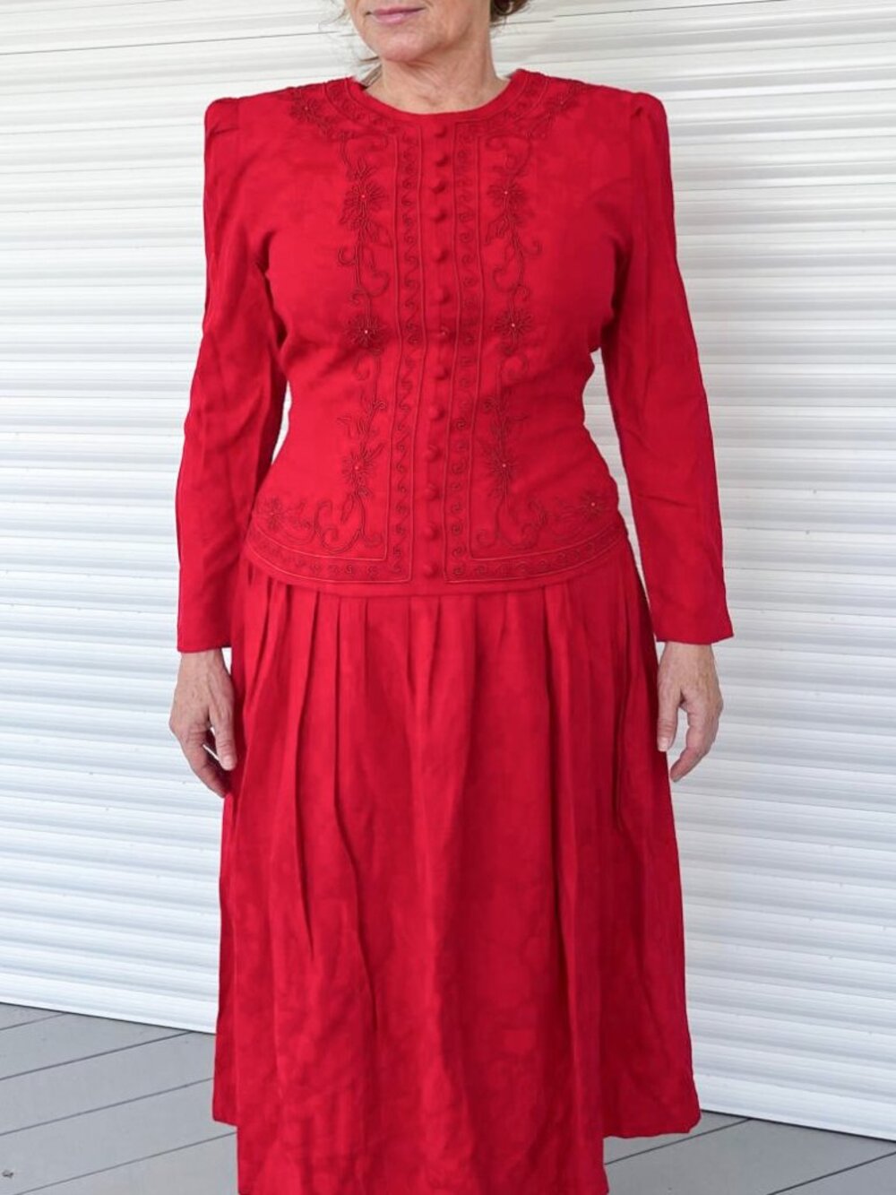 Vintage Karin Stevens Dress Size 10 Red Embroidered Beaded Button Front 1980's